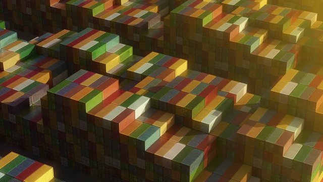 Stack of containers in a harbor, shipping at dockyard, logistic import and export, sunset light, seamless infinite loop, isometric view