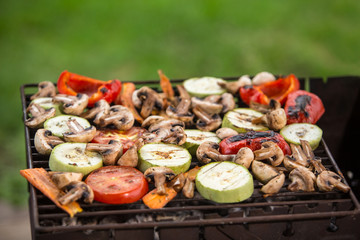 Grill party in a garden.  Healthy food preparing outdoors on summer or spring picnic.