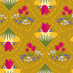 Naklejka premium pink flower yellow meadow seamless pattern vector floral design primitive scandinavian