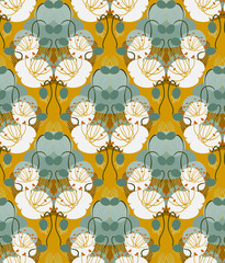 ocher poppies seamless pattern vector floral design primitive scandinavian - obrazy, fototapety, plakaty