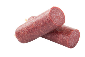 two halves of sausage isolated on white background