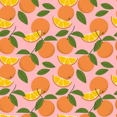 Fresh oranges and leaves seamless pattern.