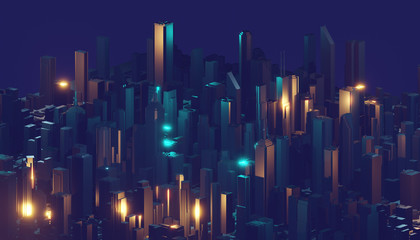Abstract glowing digital city. Business skyscrapers. 3D Rendering.