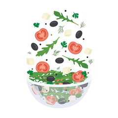 Green salad of fresh vegetables in a transparent salad bowl object isolated on a white background