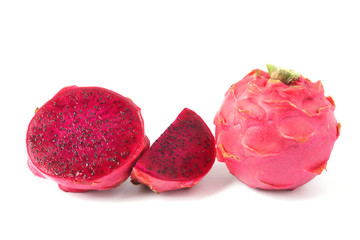Pitaya Red or Dragon fruit full and slice fruits isolated on white background