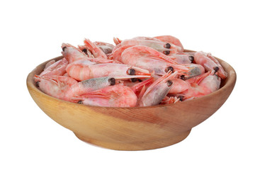 heap of shrimps in wooden plate isolated on white