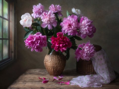 Still life with luxurious bouquet of peonies
