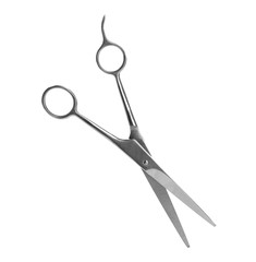 Pair of sharp hairdresser's scissors on white background