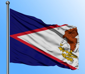 American Samoa flag waving in the deep blue sky background. Isolated national flag. Macro view shot.