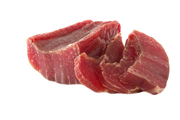 heap of dried slices of chicken carpaccio isolated on white