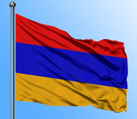 Fototapeta na wymiar Armenia flag waving in the deep blue sky background. Isolated national flag. Macro view shot.