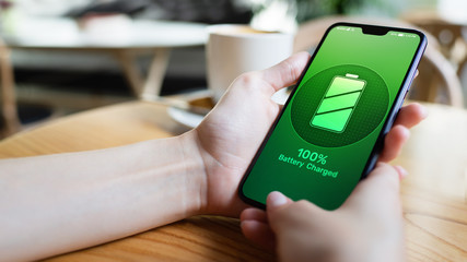 Mobile phone battery full charged indicator icon on screen. © WrightStudio