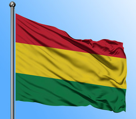 Bolivia flag waving in the deep blue sky background. Isolated national flag. Macro view shot.