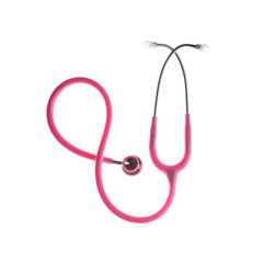 Stethoscope on white background, top view. Medical device