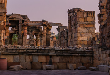 ancient ruins in Qutub complex at Qutub Minar in New Delhi, India