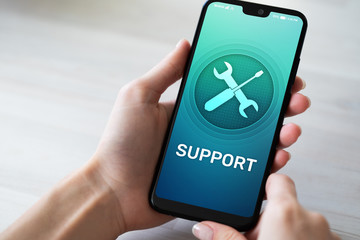 Support, Customer service icon on mobile phone screen. Call center, 24x7 assistance.