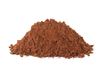 Pile of chocolate protein powder on white background
