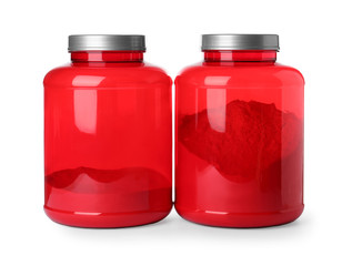 Jars with protein powder on white background
