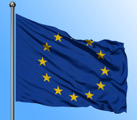 European Union flag waving in the deep blue sky background. Isolated national flag. Macro view shot.