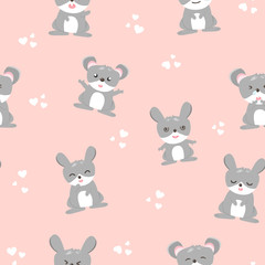 Obraz na płótnie Canvas cute rabbit and mouse, rodent animal, pink baby with heart seamless pattern adorable using for kids background texture vector cartoon