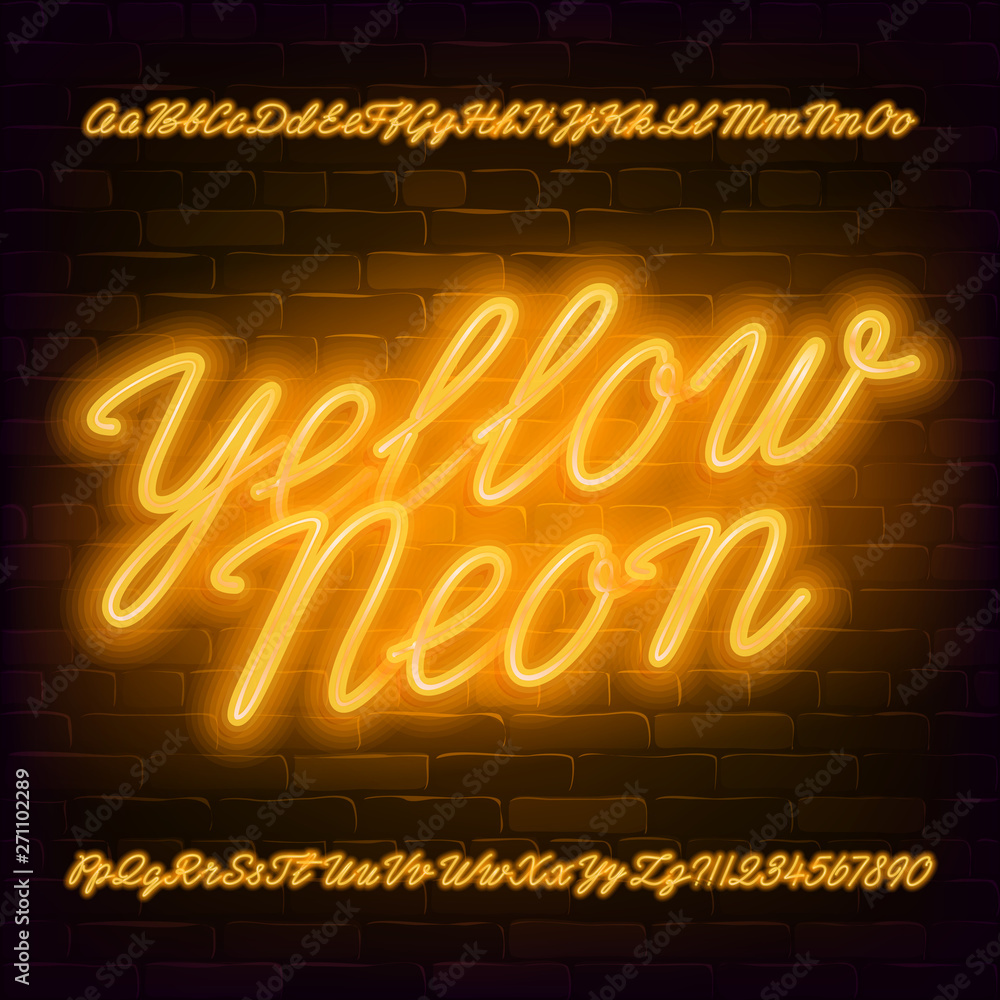 Fototapete yellow neon script alphabet font. neon color lowercase and uppercase bright letters and numbers. sto