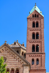 Fototapeta na wymiar Bell tower of the cathedral of speyer, the Imperial Cathedral Basilica of the Assumption and St Stephen, Speyer, Germany