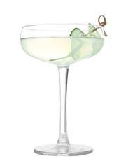 Glass of tasty martini with cucumber on white background