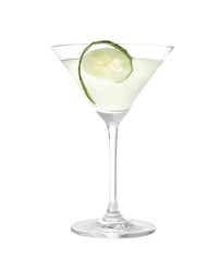 Glass of tasty martini with cucumber on white background