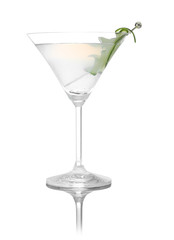 Glass of tasty martini with cucumber on white background