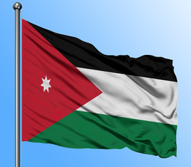 Jordan flag waving in the deep blue sky background. Isolated national flag. Macro view shot.