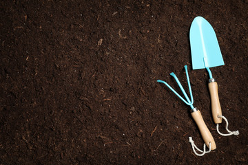 Flat lay composition with gardening equipment on soil, space for text