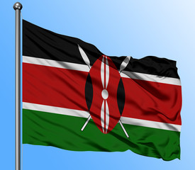 Kenya flag waving in the deep blue sky background. Isolated national flag. Macro view shot.