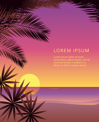 tropical style poster template with ocean sunset and palm trees