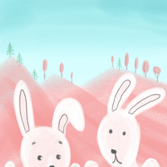 Rabbits on the mountains template. Hares on the mountains. Rabbits in the forest. Little white rabbits. Postcard.