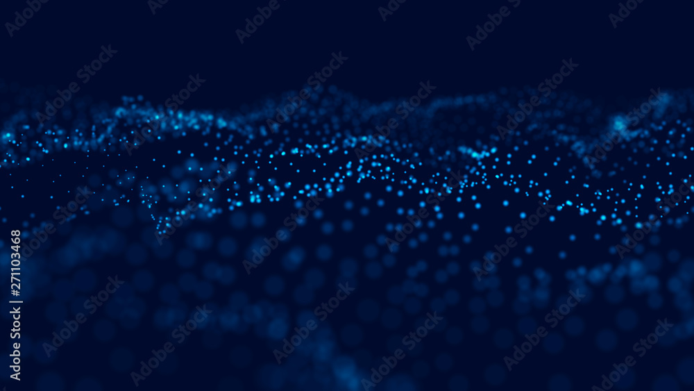 Poster wave 3d. wave of particles. abstract blue geometric background. big data visualization. data technol