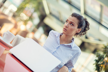 Young woman stressful, headache migraine, hand touch head feeling pain.