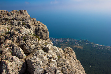 view of the city and the sea from the mountain