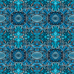 floral ornaments folk style black and white drawings on a blue background