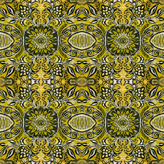 Folk floral ornaments in black and white drawings on a light green background