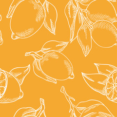 Seamless vector pattern with contour white lemons on yellow background. Wallpaper and fabric design. Good for printing on textile. Wrapping paper pattern.