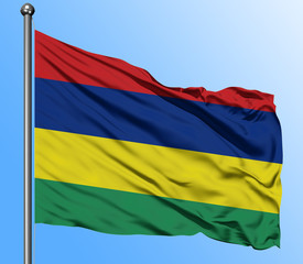 Mauritius flag waving in the deep blue sky background. Isolated national flag. Macro view shot.