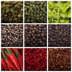 set of peppercorns background. different peppercorns collage