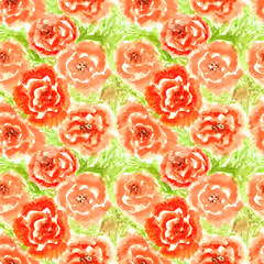 red roses with green leaves painted with watercolor on a light background