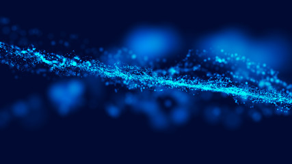 Wave 3d. Wave of particles. Abstract Blue Geometric Background. Big data visualization. Data technology abstract futuristic illustration. 3d rendering.