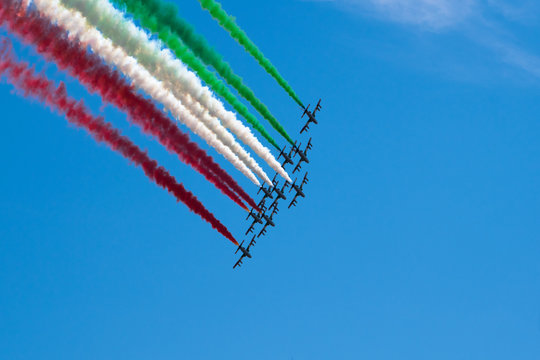 The Italian military air patrol of the Frecce Tricolori performs during the Republic Day on 2 June 2019 in Rome, spreading colorful fumes like Italian flag