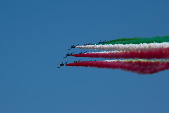 The Italian military air patrol of the Frecce Tricolori performs during the Republic Day on 2 June 2019 in Rome, spreading colorful fumes like Italian flag