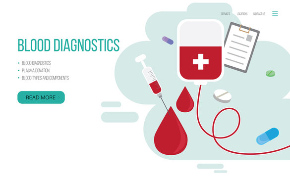 Blood diagnostics, blood donations concept.Vector Illustration. Banner, Web Landing Page