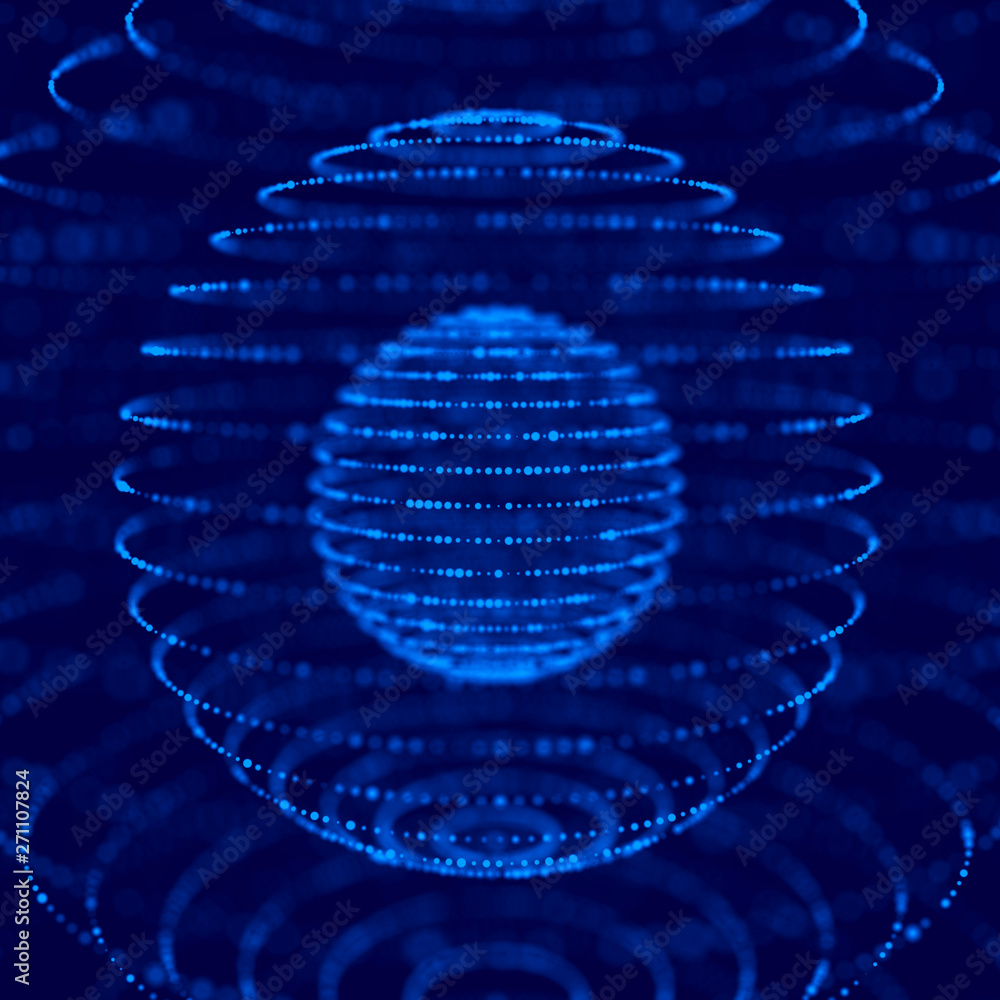 Poster abstract blue 3d sphere made of points. futuristic technology style. sphere particles. plexus effect
