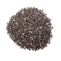 heap of chia seeds isolated on white background. top view