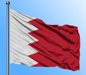 Bahrain flag waving in the deep blue sky background. Isolated national flag. Macro view shot.